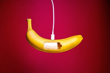 Banana charging on red background. Concept of replenishing energy with nutrients.