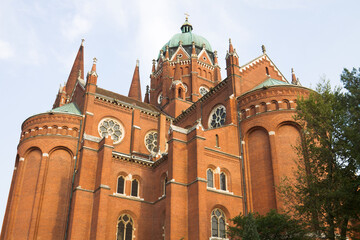 The top of the St. Peter and St. Paul Cathedral in Dakovo city in Croatia