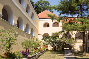 Fototapeta na wymiar The dwelling with the galleries in the orthodox monastery Novo Hopovo (New Hopovo) in Serbia