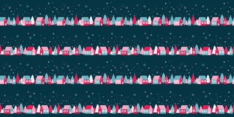 Seamless pattern with cute houses in snowy forest. Simple scandinavian style background with christmass mood for web, print, background, wallpaper, scrapbooking, wrapping paper, textile 