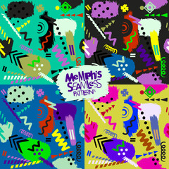 Memphis style seamless patterns collection, vibrant colores vector backgrounds
