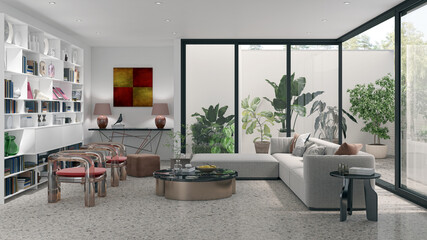 Illustration 3D rendering large luxury modern bright interiors Living room mockup computer digitally generated image