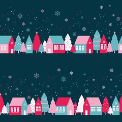 Seamless pattern with cute houses in snowy forest. Simple scandinavian style background with christmass mood for web, print, background, wallpaper, scrapbooking, wrapping paper, textile 