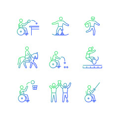 Sport championship gradient linear vector icons set. Varied athletic events. Athletes with physical disability. Thin line contour symbols bundle. Isolated outline illustrations collection