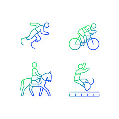 Adaptive sports gradient linear vector icons set. Equestrian and athletic sports. Sportsman with prosthesis. Thin line contour symbols bundle. Isolated outline illustrations collection