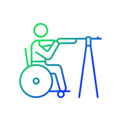 Wheelchair shooting gradient linear vector icon. Hitting targets from various distances. Sportsman with disability. Thin line color symbol. Modern style pictogram. Vector isolated outline drawing