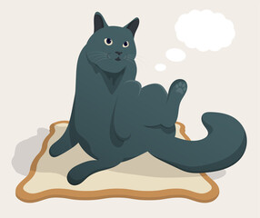 Impudent fat cat sits relaxed on rug. and dreams of food. Bubbles, clouds for text fly near head of gray cat. Cartoon vector