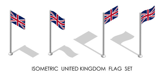 isometric flag of United Kingdom of Great Britain and Northern Ireland in static position and in motion on flagpole. 3d vector