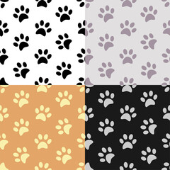 set of seamless patterns with Silhouettes of pads of the cat paws. Animal paw prints on ground. Ornament for decoration and printing on fabric. Design element. Vector
