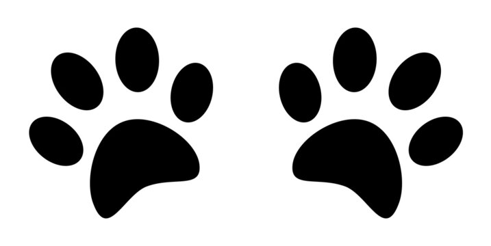 Silhouettes of pads of the cat paws. Animal paw prints on ground. Simple black and white vector isolated on white background