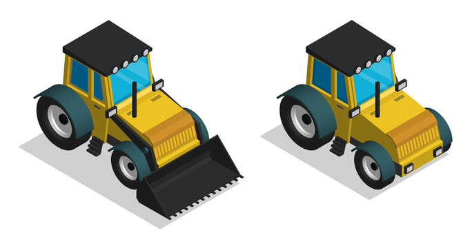 Isometric Construction equipment tractor. Industrial machinery and equipment. Realistic cartoon 3d vector isolated on white background