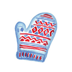 Knitted mitten. Watercolor illustration. Hand drawn