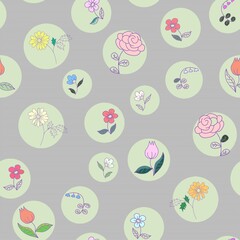 Fototapeta na wymiar Floral and geometric elements on a textured background. Blooming plants on light green circles. Seamless pattern.