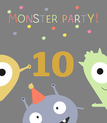Monster party card design. Vector illustration in cartoon style with funny monsters.