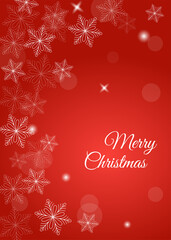 Christmas greeting card with snowflakes and glares on red gradient background. 
