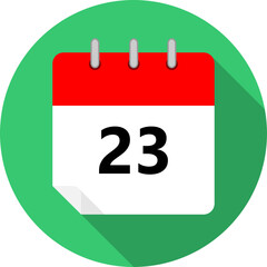 white and red calendar page with day 23 written in black and a green circle background whith shadows clipart vector editable changeable image