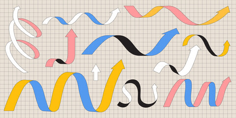 Various cartoon colorful playful arrow pointers set or collection in trendy outline style. Vector illustration of dynamic arrow signs for infographic designs or presentation templates.