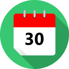 white and red calendar page with day 30 written in black and a green circle background whith shadows clipart vector editable changeable image