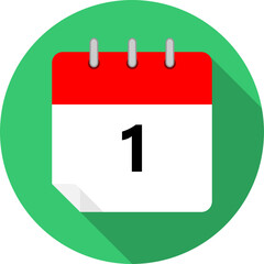 white and red calendar page with day 1 written in black and a green circle background whith shadows clipart vector editable changeable image