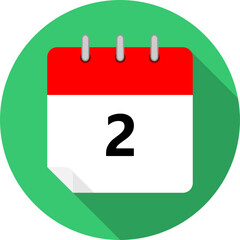white and red calendar page with day 2 written in black and a green circle background whith shadows clipart vector editable changeable image