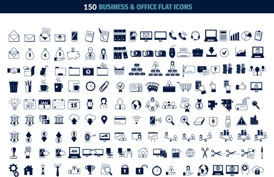 collection d'icônes ou pictogrammes en noir et blanc sur le thème des affaires, du bureau, du travail et de la finance.