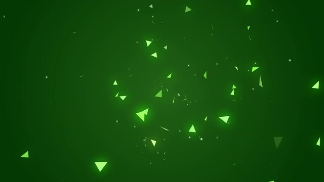 abstract triangle particles or confetti exploding animation. glowing geometric 3d shapes on dark green background. low-poly live wallpaper, banner or presentation. animated loop footage