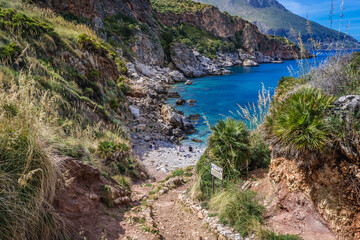 Fototapeta na wymiar Trail to Disa inlet in Zingaro natural reserve on the shore of Castellammare Gulf on Sicily Island, Italy