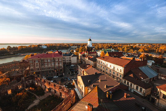 Aeral view of the Tower of St. Olaf and ruined Old cathedral in Vyborg from the Clock Tower in autumn.