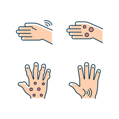 Arthritis in hands RGB color icons set. Wrists rheumatism. Fingers deformity. Rheumatoid nodules. Osteoarthritis in thumb. Isolated vector illustrations. Simple filled line drawings collection