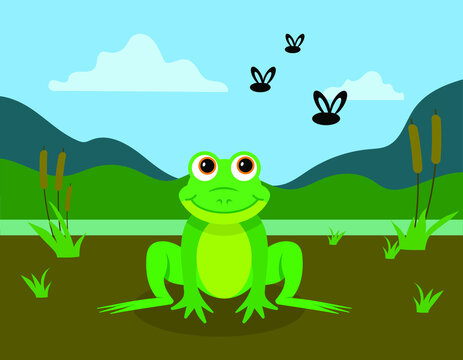 cute green frog, swamp or lake background, vector illustration 