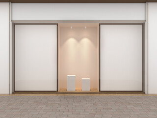 3d Rendering of an empty store window with two white platforms and blank displays