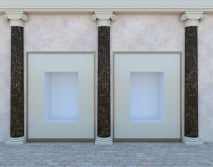 3d Rendering of a store window with neoclassical architecture context