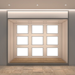 3d Rendering of a store window with a grid of empty backlit displays