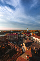 Aeral view of the Tower of St. Olaf and ruined Old cathedral in Vyborg from the Clock Tower in autumn.