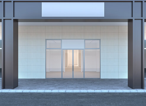 3d rendering of a storefront with empty signboards 