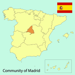 spain map, community of madrid, flag, vector illustration 