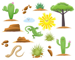 Plants and animals of the desert in cartoon style. Imitation of oil pastels.