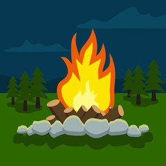 fire in the forest, bonfire at night, vector illustration 
