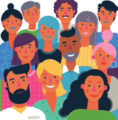 Multicultural diverse group of people with different hairstyle and hair color standing toghether. Flat cartoon vector illustration