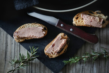 Foie gras and toasts on a rustic background