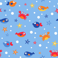 Marine life cartoon seamless pattern design for kids.