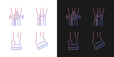 Arthritis leg pain gradient icons set for dark and light mode. Degenerative joint disease. Thin line contour symbols bundle. Isolated vector outline illustrations collection on black and white