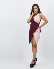Fototapeta premium Asian woman full body. Thai woman in a modern chic style stands in white studio with elegant and confident pose. Casting model supporting actor actress. Asian woman fullbody pose in front of camera.