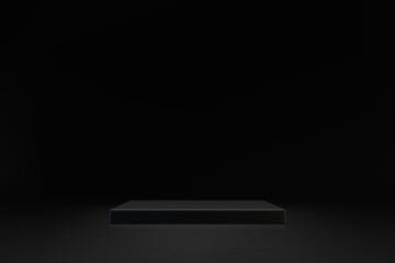 3D black cube podium on dark background. Empty stage for product presentation. Realistic vector platform with free space. Minimalistic mockup design. Template of pedestal