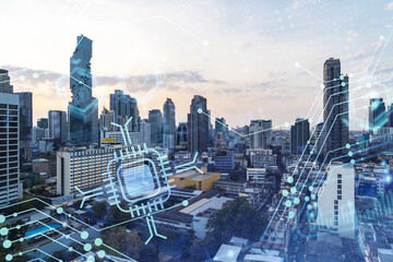 Glowing hologram of technological process, aerial panoramic cityscape of Bangkok at sunset. The largest innovative hub of tech services in Southeast Asia. Multi exposure.