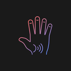 Fototapeta na wymiar Thumb arthritis gradient vector icon for dark theme. Degenerative changes. Osteoarthritis in thumb. Enlarged joint. Thin line color symbol. Modern style pictogram. Vector isolated outline drawing