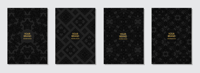 Set of cover design, vertical vector templates.Geometric volumetric convex ethnic 3D pattern, collection of embossed backgrounds, frame for text. Oriental, Indonesian, Mexican, Aztec motives.