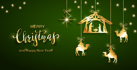 Christian Christmas Elements on Green Background