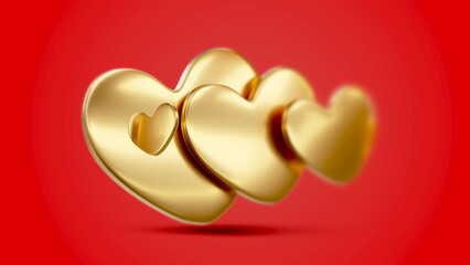 multiple golden hearts golden glossy metallic design 3d-illustration