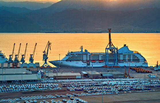 Morning view on marine cargo commercial port at the Red Sea, Middle East